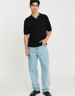 Waffle Knit Short Sleeve Polo in Black
