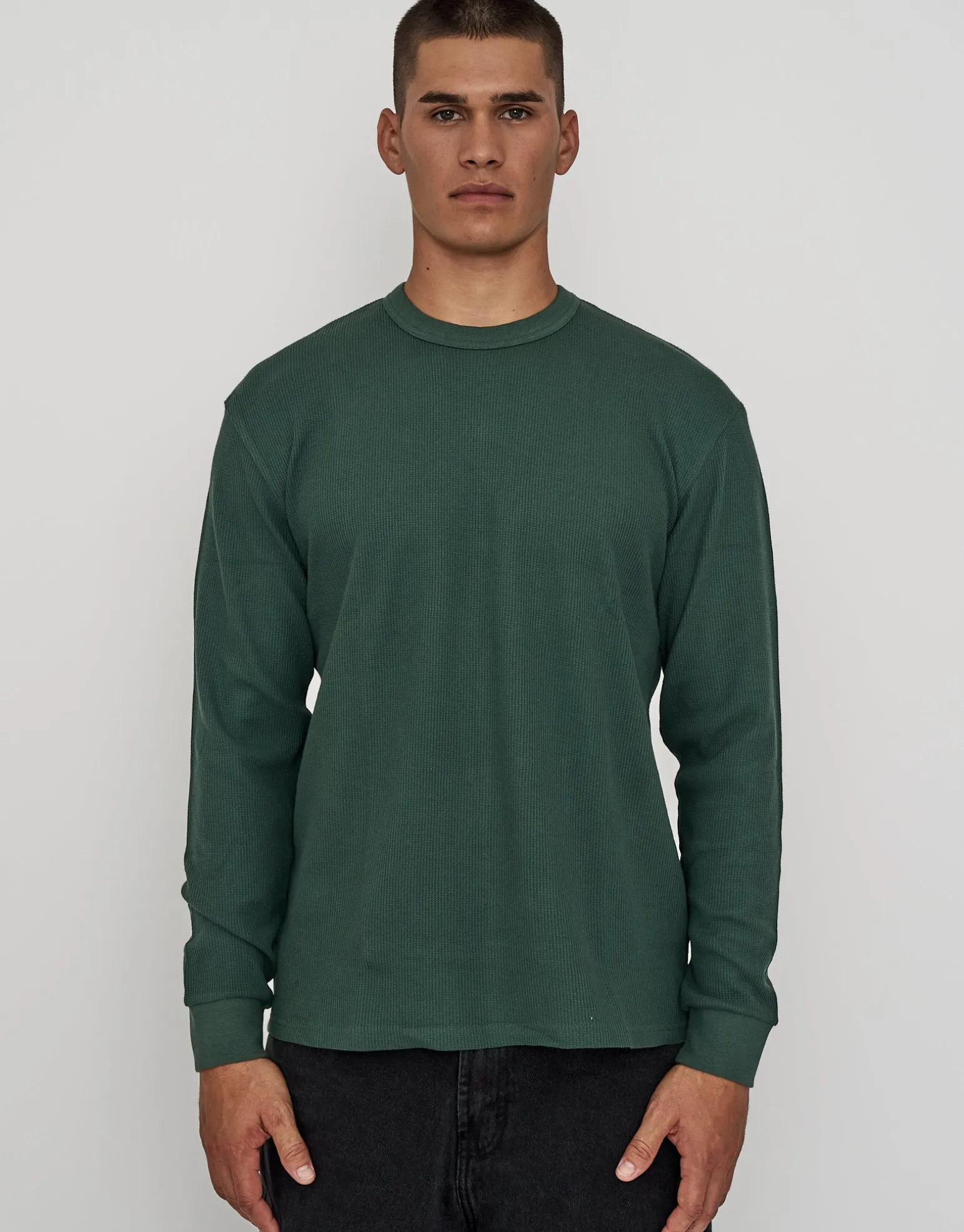 Waffle Relaxed Fit Long Sleeve T Shirt in Ivy