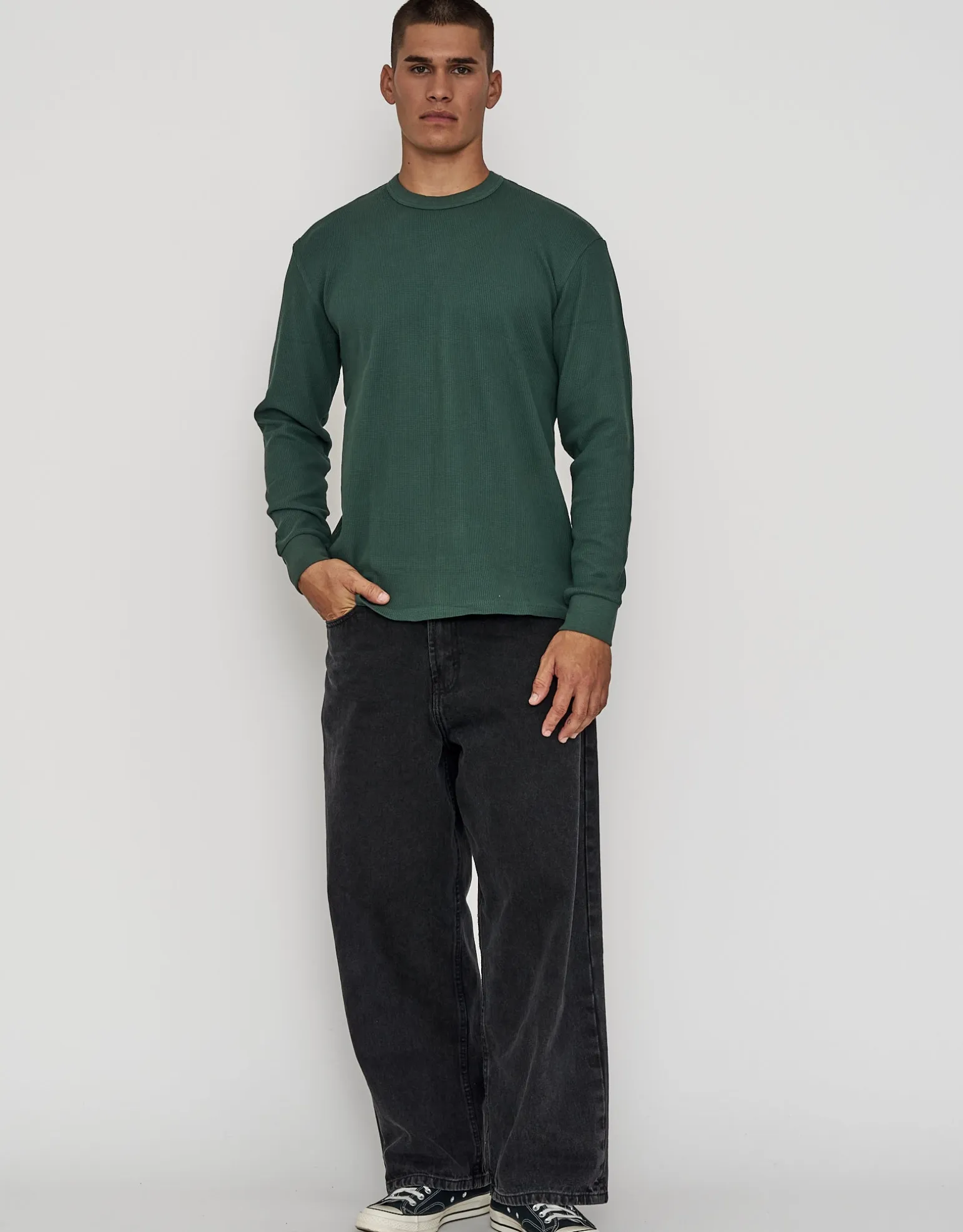 Waffle Relaxed Fit Long Sleeve T Shirt in Ivy