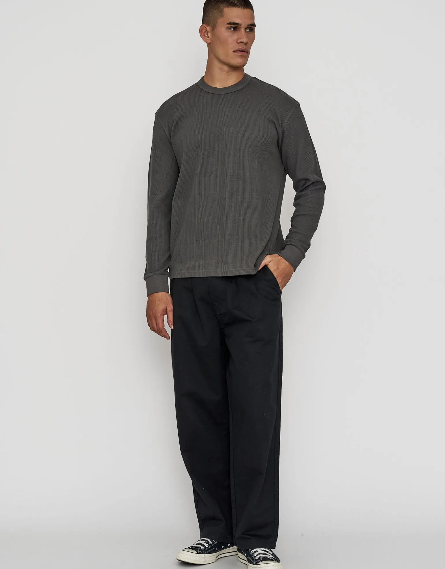 Waffle Relaxed Fit Long Sleeve T Shirt in Ivy