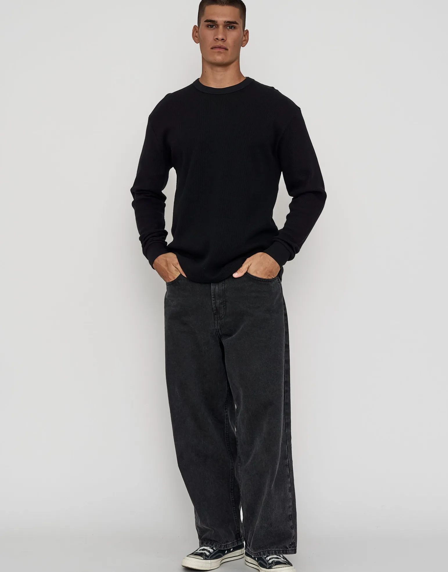 Waffle Relaxed Fit Long Sleeve T Shirt in Ivy