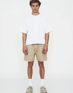 Washed Twill Elastic Waist Shorts in Sand